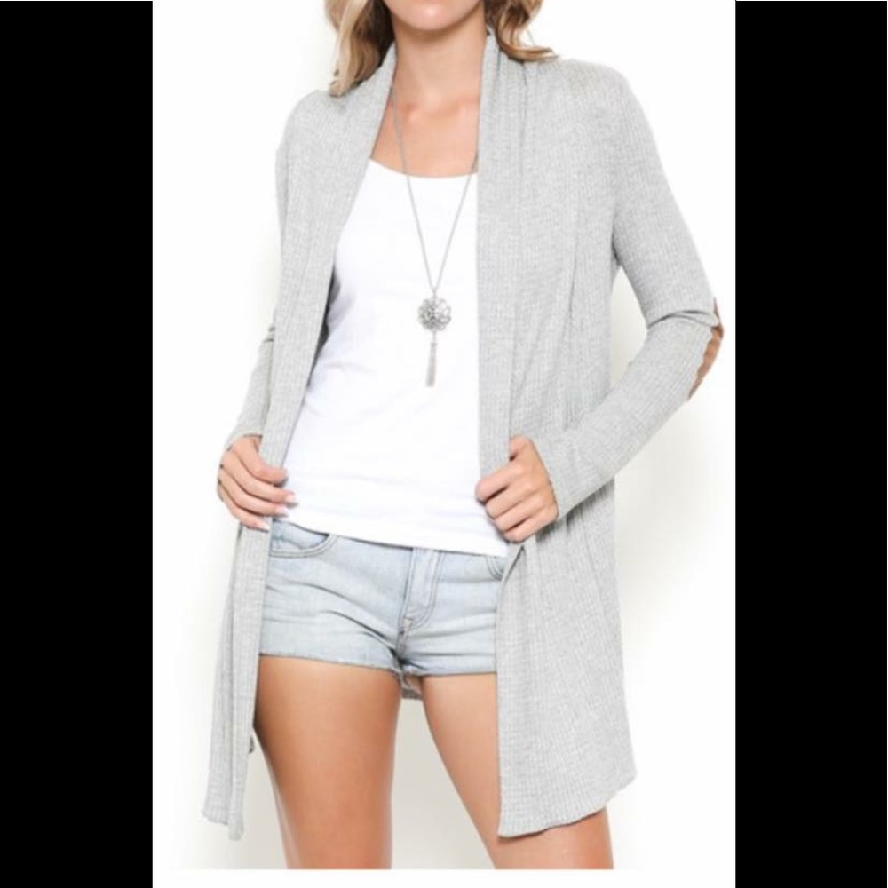 Grey open front cardigan faux suede elbow patches